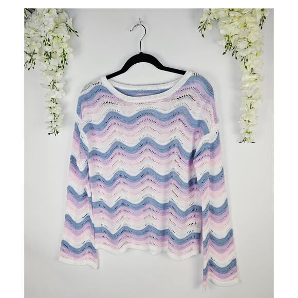 Pastel Wave Open Knit Sweater Large Cottage Y2K Soft Girl Lightweight Coquette - Picture 3 of 12
